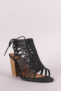 Qupid Lattice Weave Open Toe Chunky Heel Booties