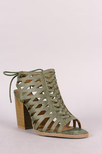 Qupid Lattice Weave Open Toe Chunky Heel Booties