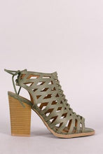 Load image into Gallery viewer, Qupid Lattice Weave Open Toe Chunky Heel Booties